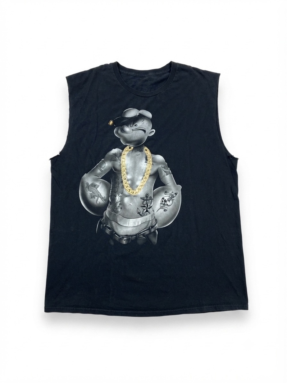 Popeye Graphic Muscle Tank Top Men's XL Black Tattoo Style Gangster Cutoff Shirt